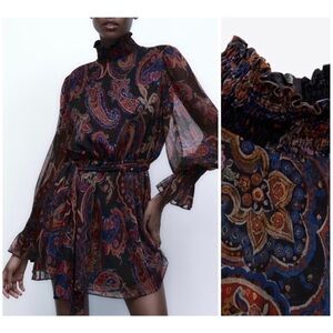 Zara Black Chiffon Floral Paisley Printed High Neck Mini Dress Size Small